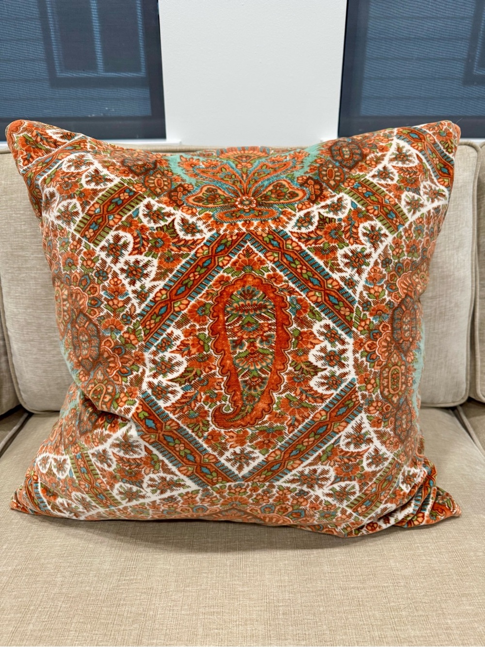 Pottery Barn Decorative Throw Pillow Pair in Warm Rust & Teal Paisley Pattern - Picture 2 of 4